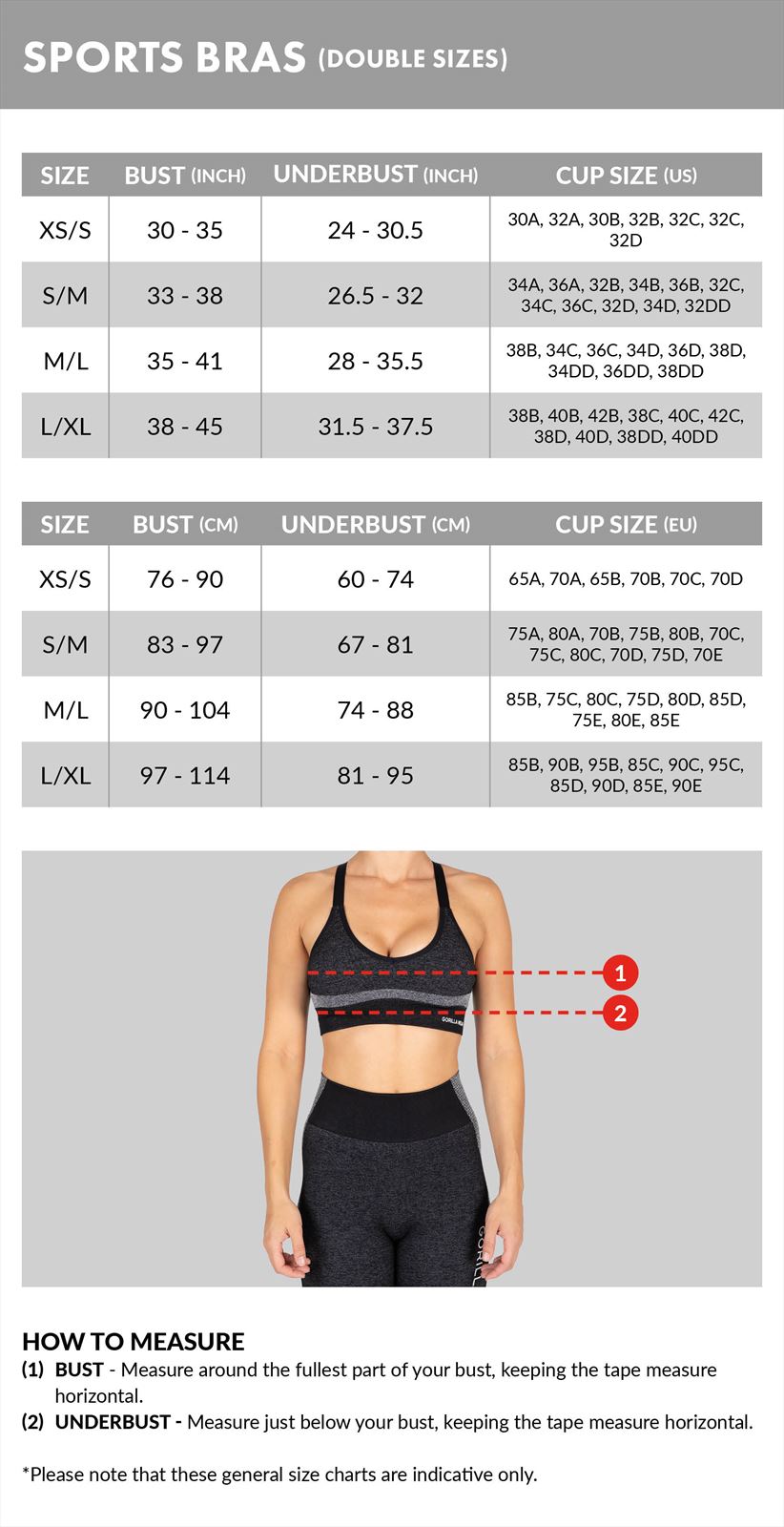 size chart sports bras double sizes eu جدول المقاسات حمالات الصدر الرياضية بأحجام مزدوجة في الاتحاد الأوروبي
