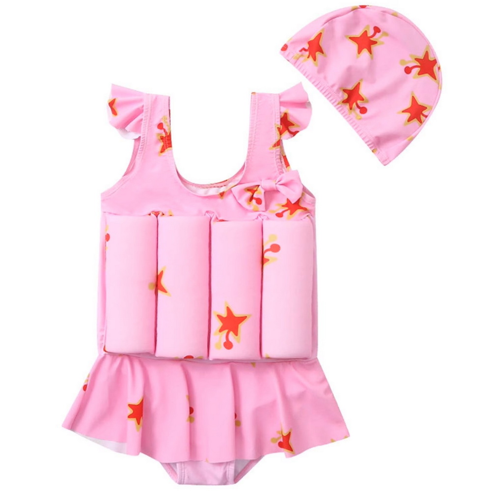 WREESH Toddler Baby Girls Float Swimsuits One Piece Swimsuit Cute Printed Bathing Suits Buoyancy Swimsuit Sleeveless Swimwear Swim Cap Pink WREESH Costume da bagno flottante per bambina e neonata Costume da bagno intero Costumi da bagno stampati carini Costume da bagno galleggiante Costume da bagno senza maniche Cuffia rosa